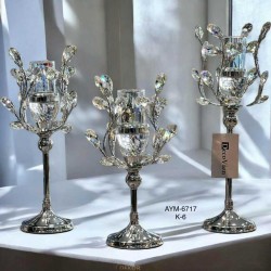 3lü Kristalex Taşlı Dal Mumluk Gümüş