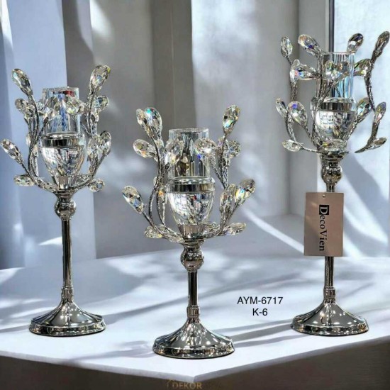 3lü Kristalex Taşlı Dal Mumluk Gümüş