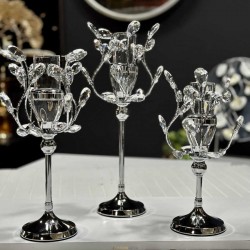 3lü Kristalex Taşlı Dal Mumluk Gümüş