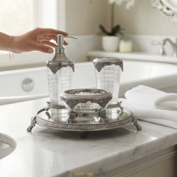Pirinç & Kristal Dekoratif Banyo Seti – Gümüş Oval